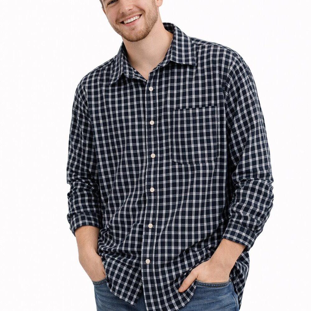 B.U.M. men's shirt VERY dark blue/white classic small check cotton plaid Sz. XL